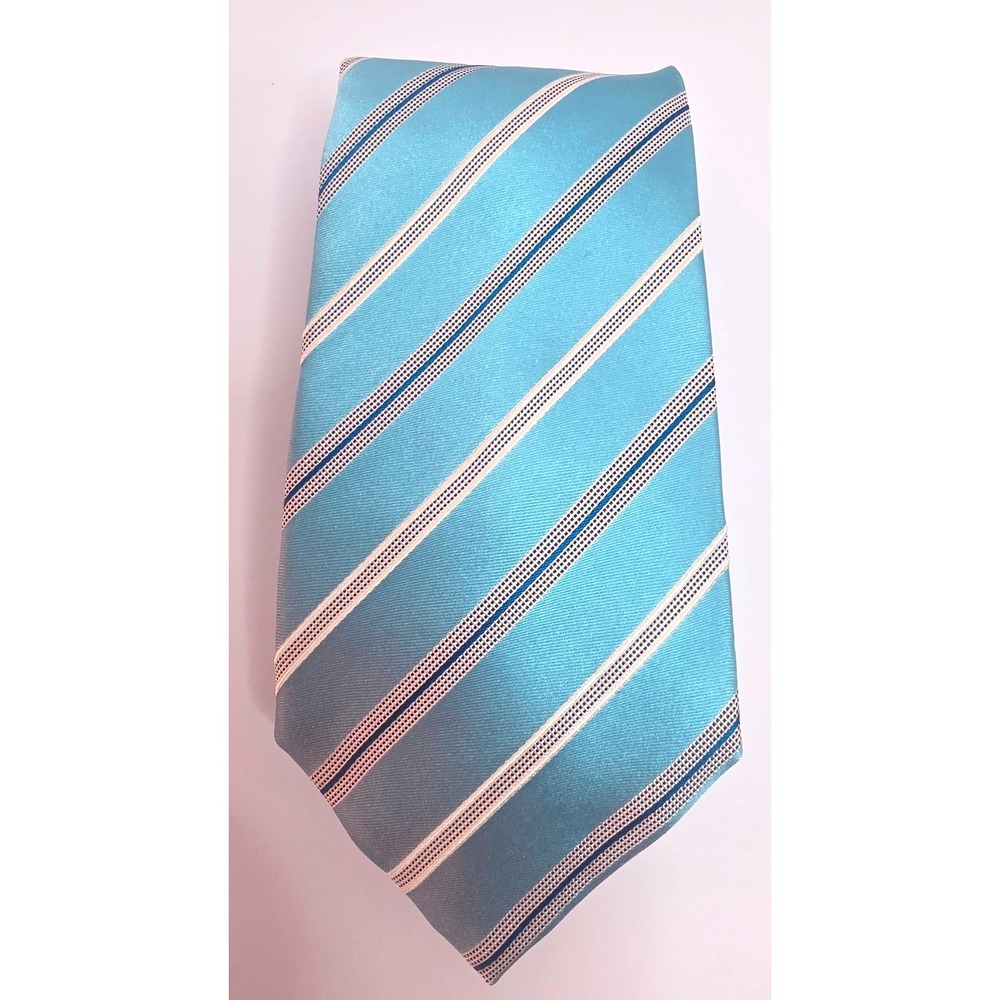 Gino Paolli Mens Silk Necktie Light Blue Navy White Striped Italian Fabric Tie